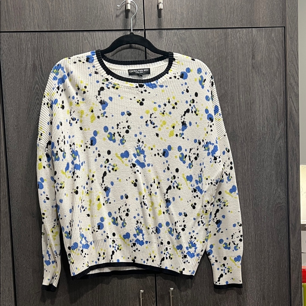 Central Park West White Sweater with Blue and Yellow Accents